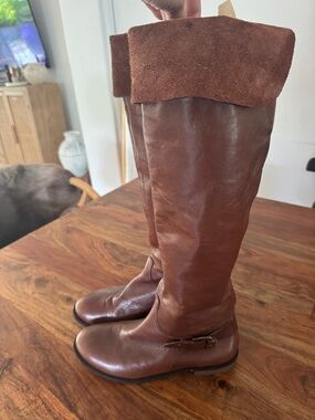Guess by Marciano Tall Fold-Over Leather Riding Boots in Brown